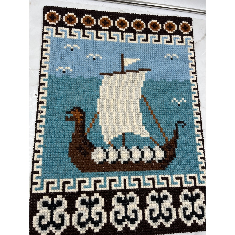 Vintage Viking Longship Needlepoint Wall Hanging Nautical Scandinavian Folk Art - Picture 4 of 8
